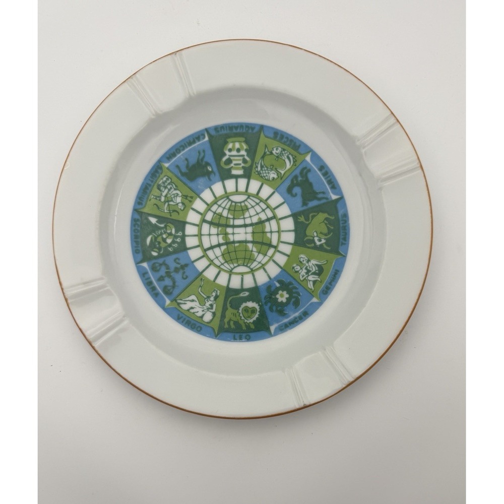 Vintage Made in Japan Zodiac Astrology Porcelain Ashtray 7.25" Blue Green Gold